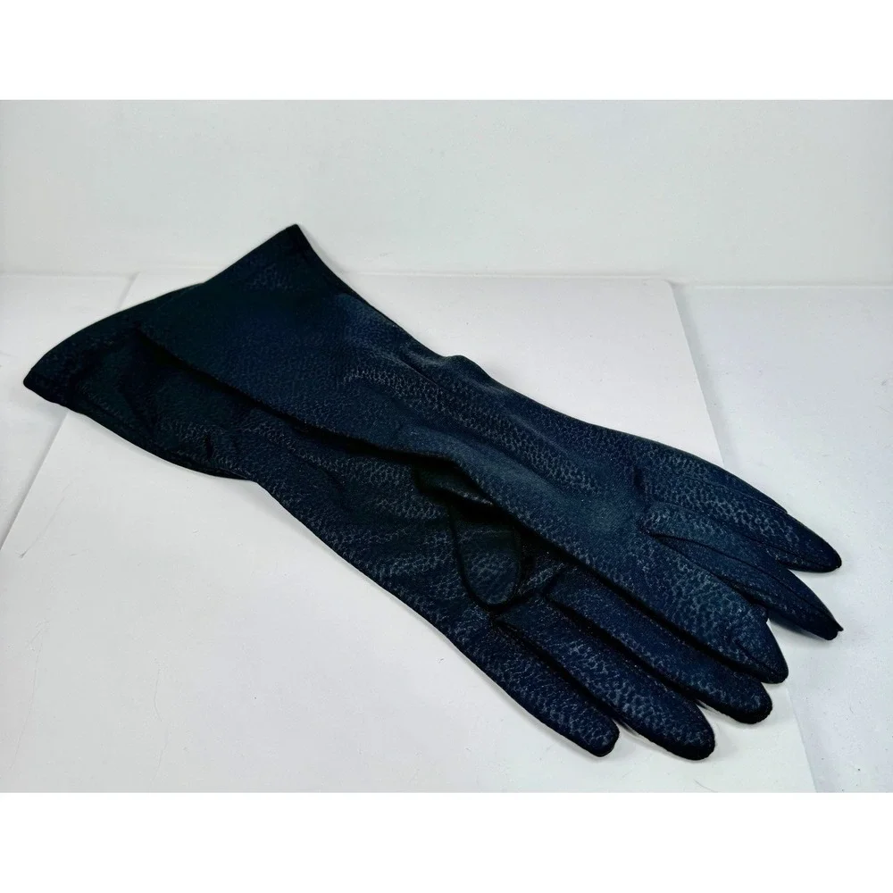 VTG 1950s Black Leopard Nylon Long Dress Gloves Size B Made In USA Opera Evening